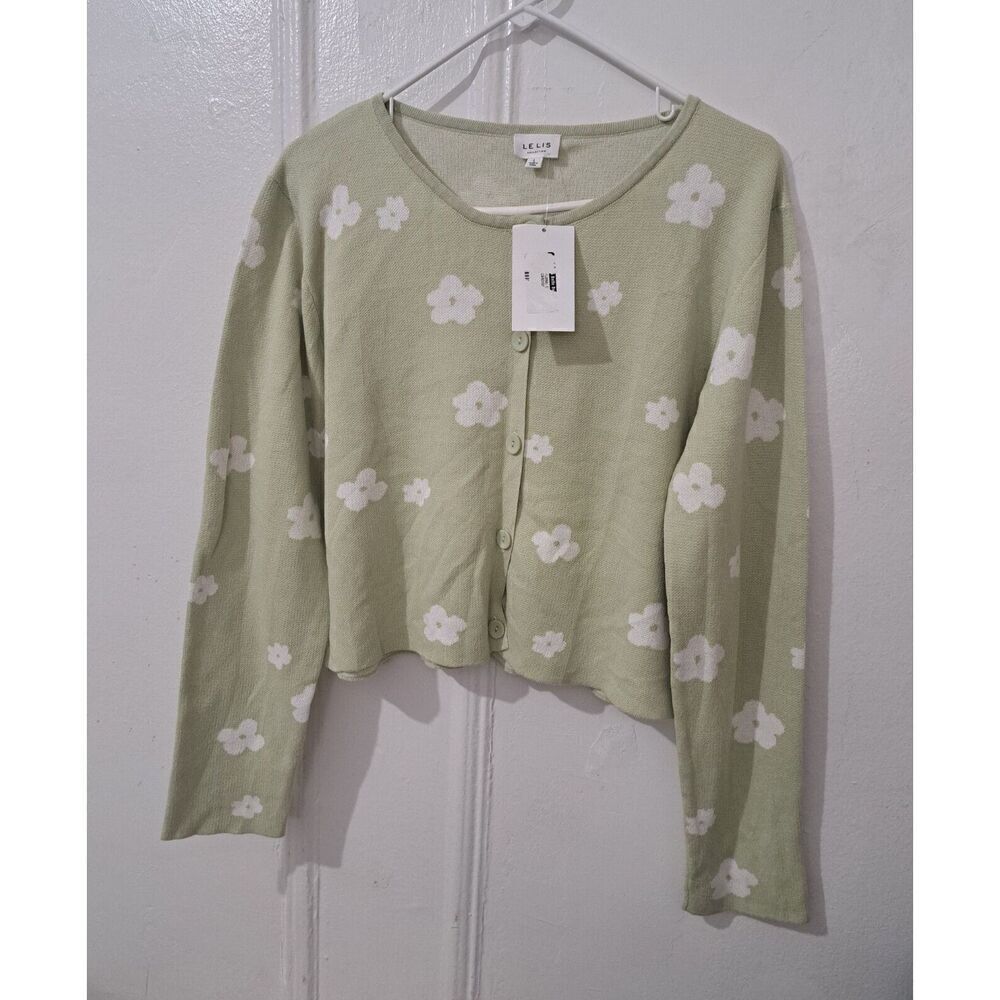LELIS Womens Large SAGE GREEN EVERYDAY Cardigan Sweater Semi- Cropped Cotton